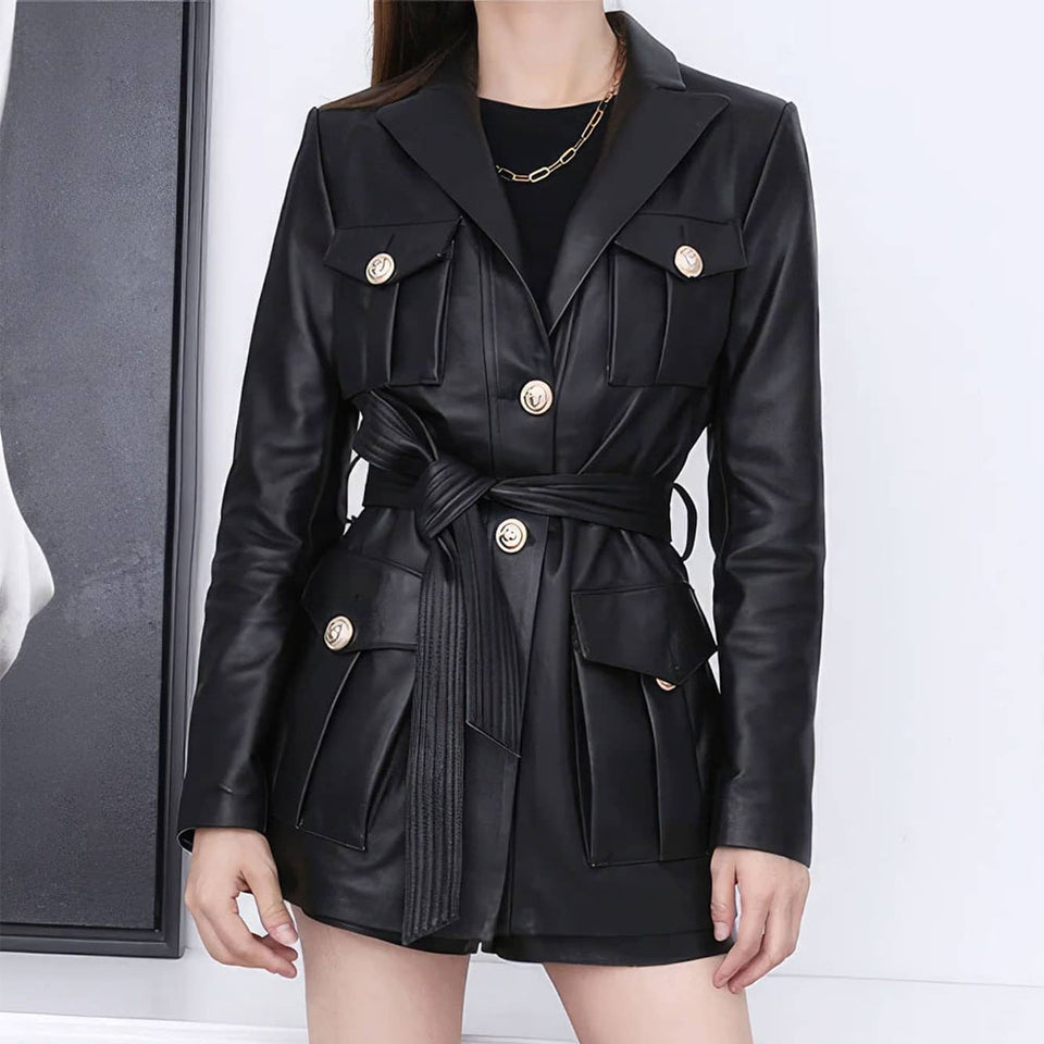 Solid Black Safari Belted Premium Sheepskin Leather Coat for Women