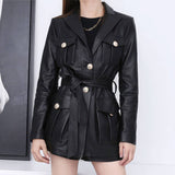 Solid Black Safari Belted Premium Sheepskin Leather Coat for Women