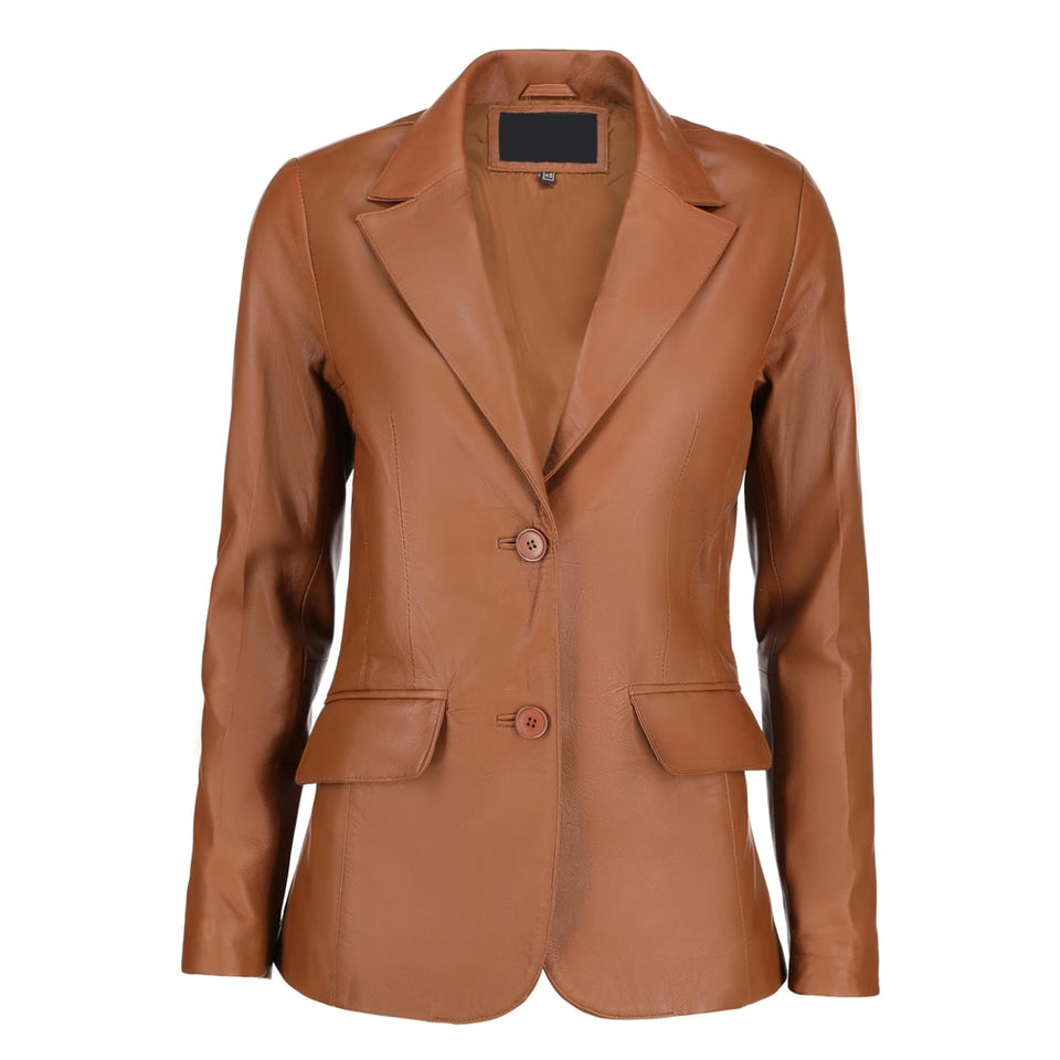 Black Notched-Collar Casual Genuine Sheepskin Leather Blazer for Women