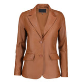 Black Notched-Collar Casual Genuine Sheepskin Leather Blazer for Women