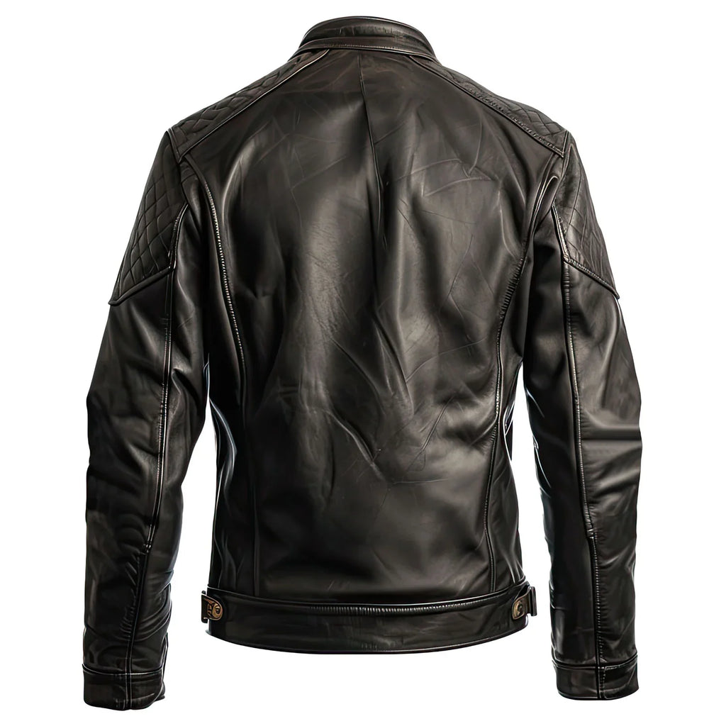 Brown Stand-up Collar Genuine Sheepskin  Diamond Leather Biker Jacket For Men