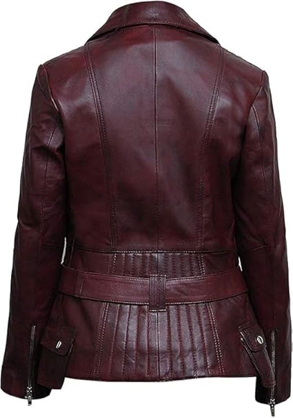 Retro Cafe Racer Brando Distressed Burgundy Biker Lambskin Leather Jacket For Women
