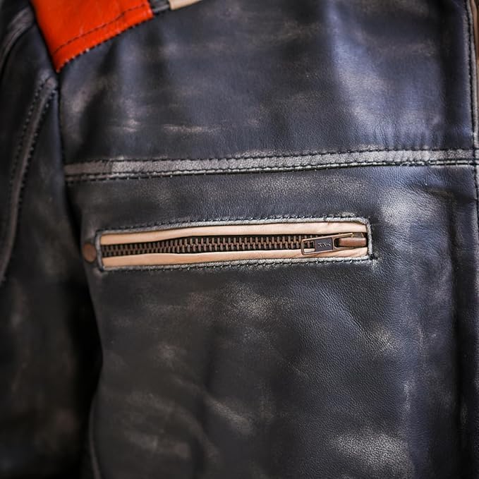 Vintage Distressed Black Café Racer Lambskin Leather Jacket For Men