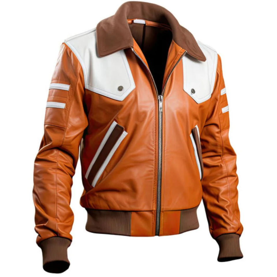 Brown Moto-Retro Genuine Sheepskin Leather Bomber Jacket for Men