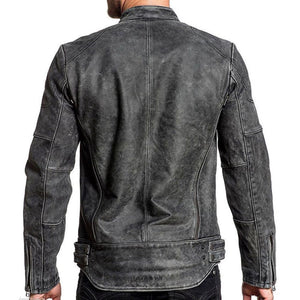 Grey Moto-Racer Vintage Genuine Cowhide Leather Jacket for Men
