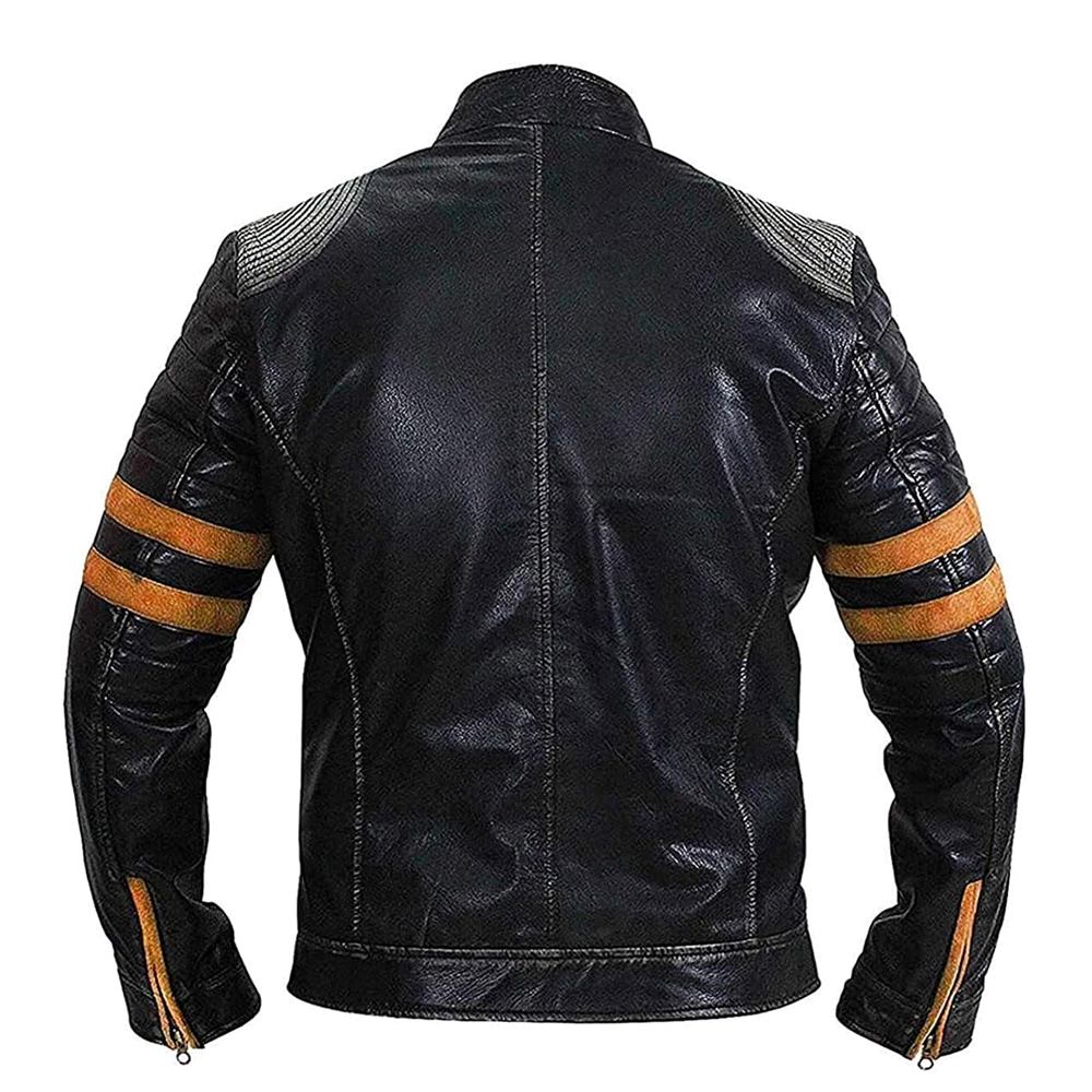 Men's Vintage Distressed Black Leather Biker Jacket with Quilted Shoulders and Stripes