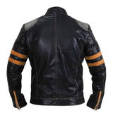 Men's Vintage Distressed Black Leather Biker Jacket with Quilted Shoulders and Stripes