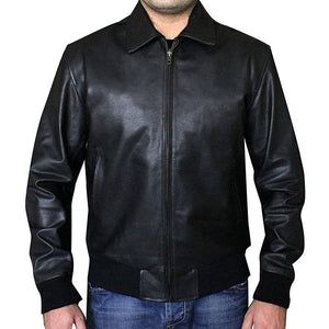Men's Classic Black Leather Bomber Jacket