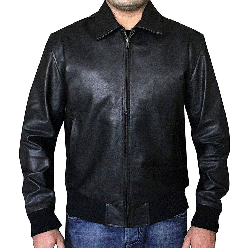 Men's Classic Black Leather Bomber Jacket
