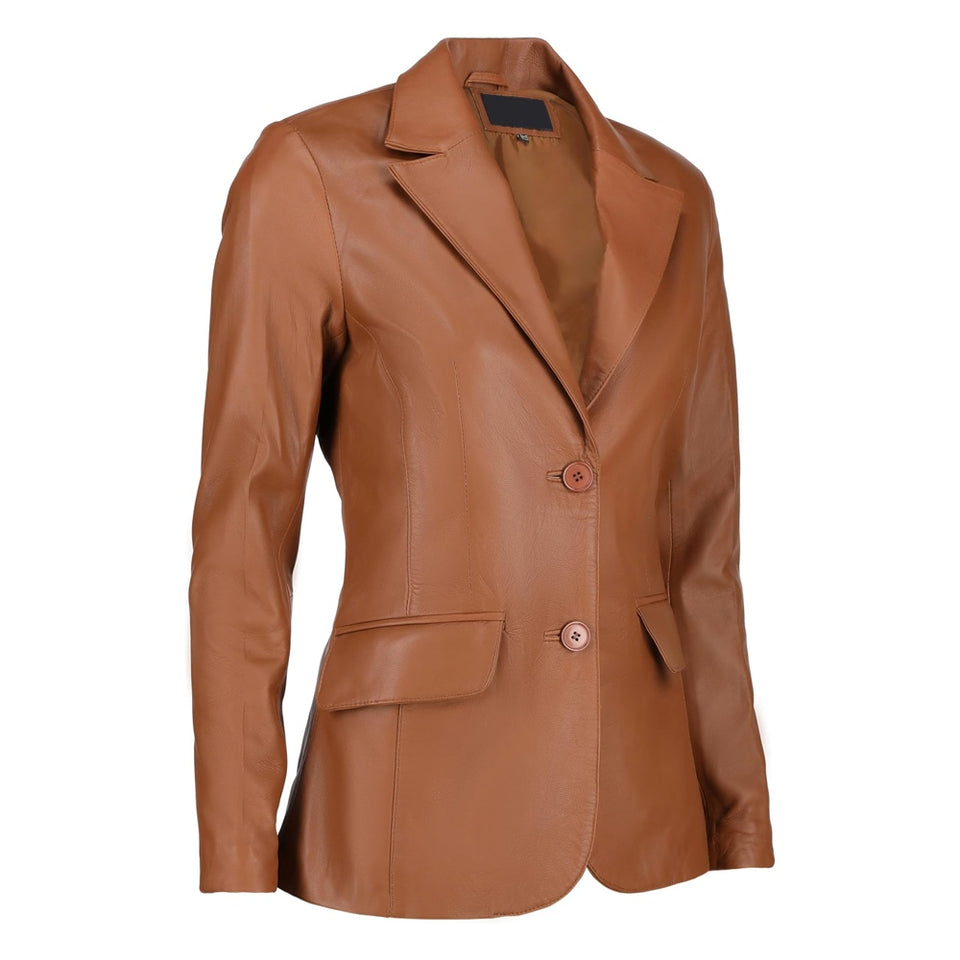 Black Notched-Collar Casual Genuine Sheepskin Leather Blazer for Women