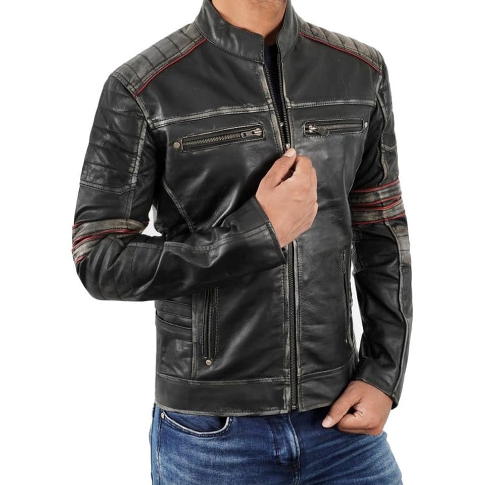 Vintage Cafe Racer Black Distressed Retro Leather Jacket for Men