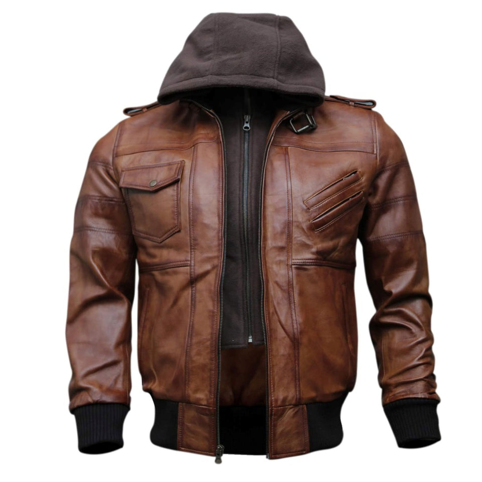 Bomber Removable Hooded Sheepskin Leather Jacket for Men