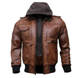 Bomber Removable Hooded Sheepskin Leather Jacket for Men