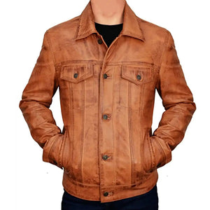 Trucker Vintage Style Real Lambskin Leather Jacket for Men
