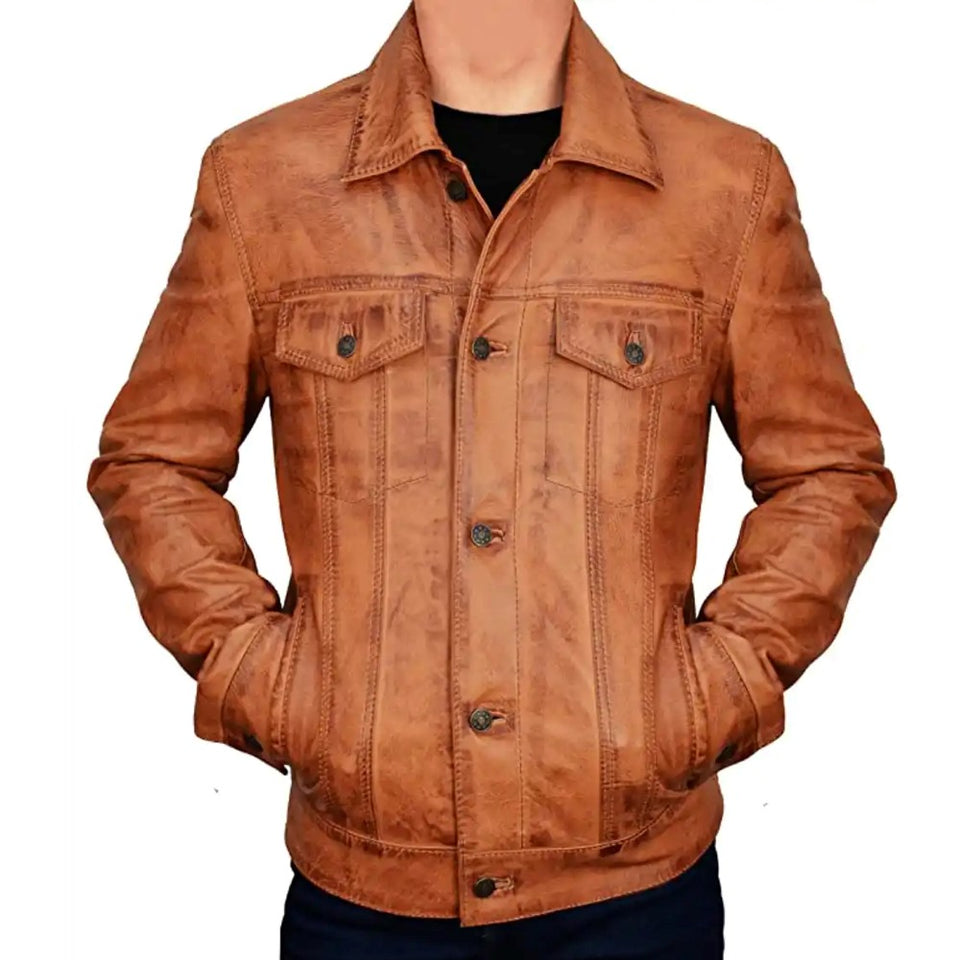 Trucker Vintage Style Real Lambskin Leather Jacket for Men