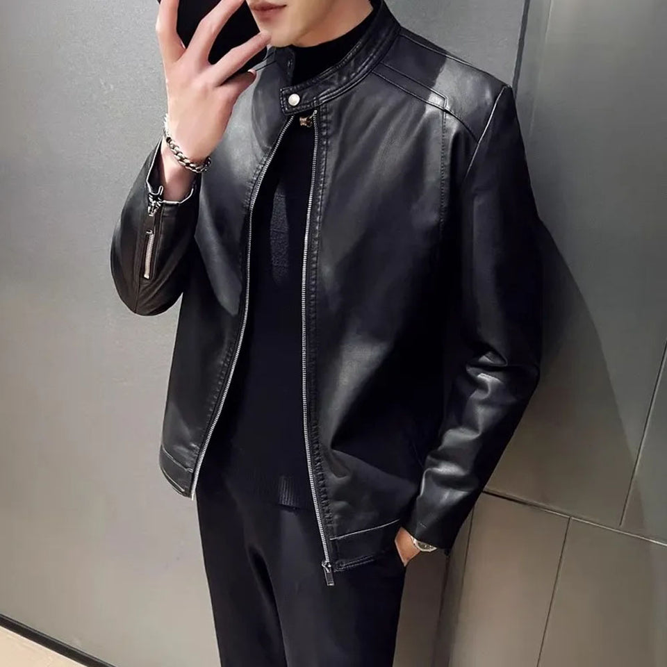 Black Stand-Up Collar Biker Genuine Sheepskin Leather Jacket for Men