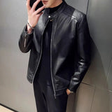 Black Stand-Up Collar Biker Genuine Sheepskin Leather Jacket for Men