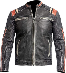 Vintage Distressed Black Café Racer Lambskin Leather Jacket For Men