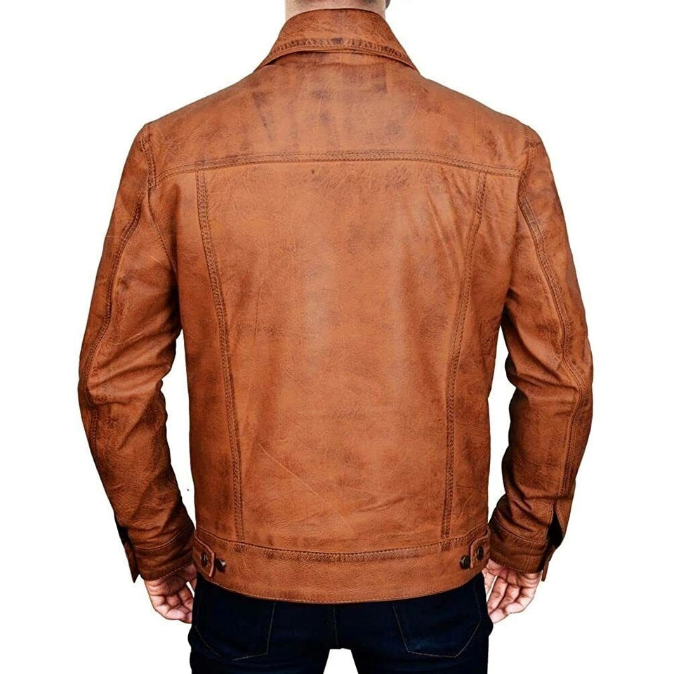 Trucker Vintage Style Real Lambskin Leather Jacket for Men
