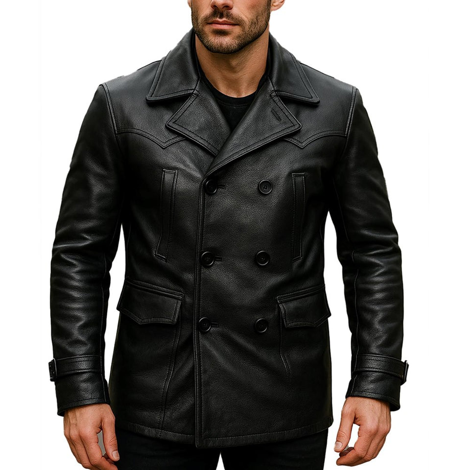 Vintage Black German Classic WW2 Officer Lambskin Leather Coat For Men