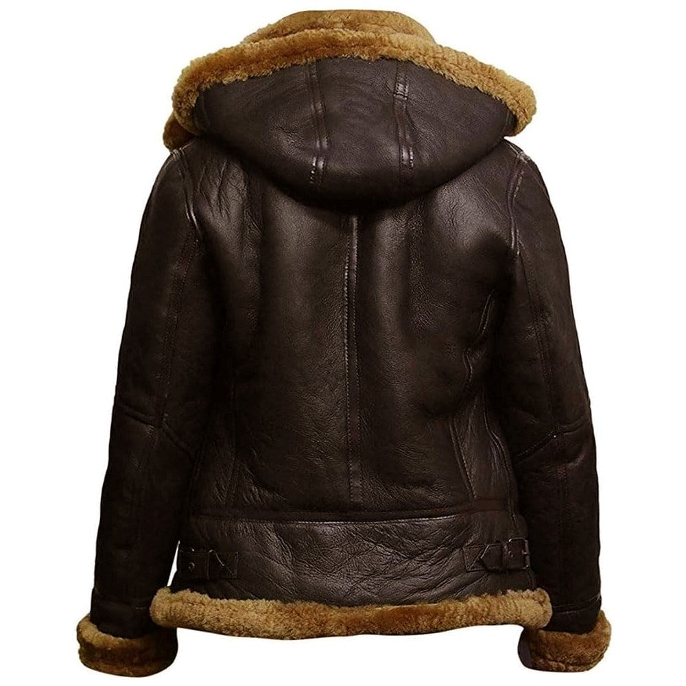 B3 Hooded Bomber Faux Shearling Sheepskin Leather Jackets for Women