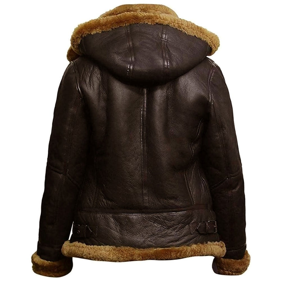 B3 Hooded Bomber Faux Shearling Sheepskin Leather Jackets for Women