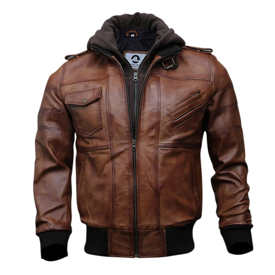 Bomber Removable Hooded Sheepskin Leather Jacket for Men