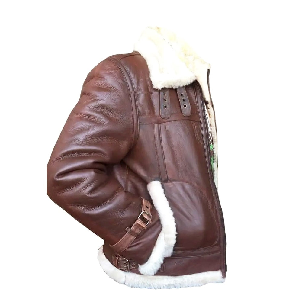 RAF Aviator White Fur Shearling Brown Premium Lambskin Leather Bomber Jacket for Men