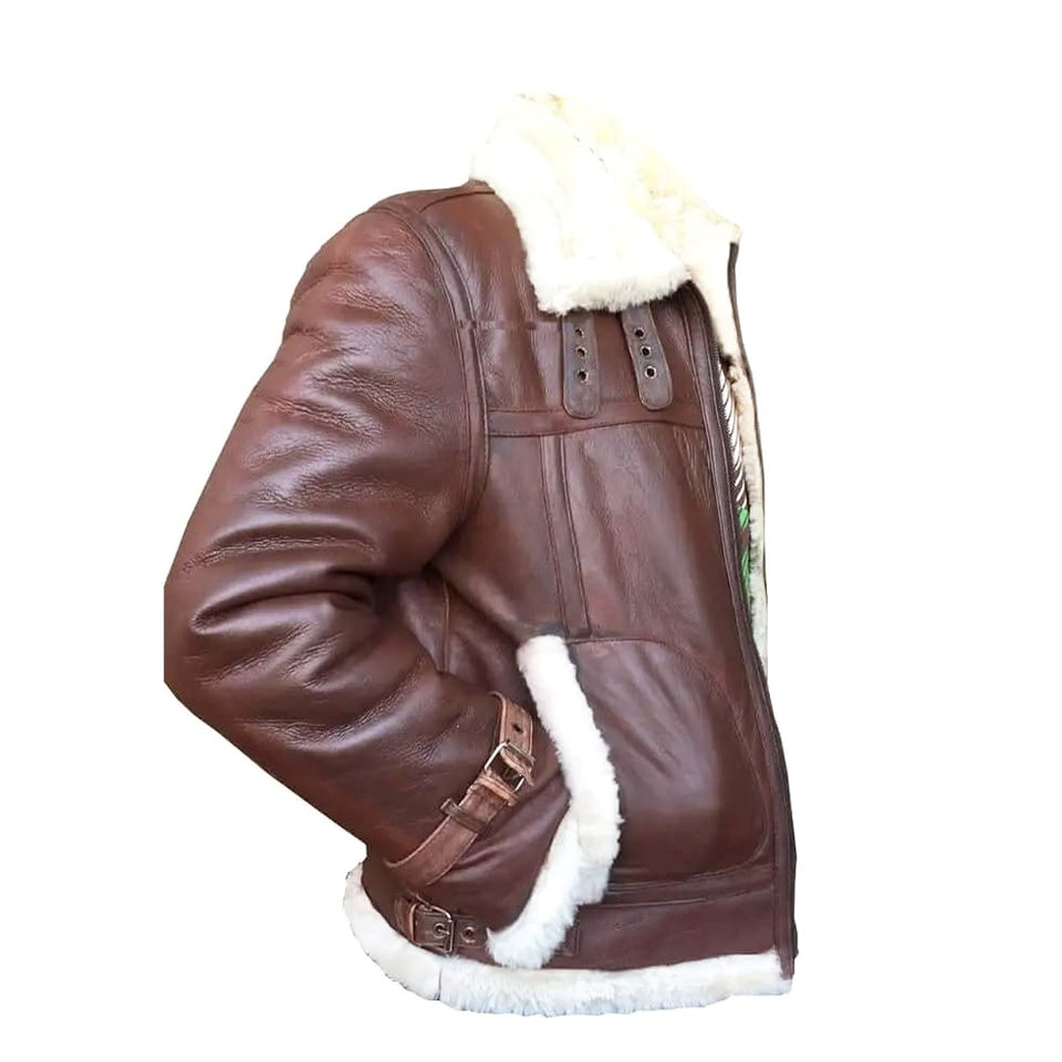 RAF Aviator White Fur Shearling Brown Premium Lambskin Leather Bomber Jacket for Men