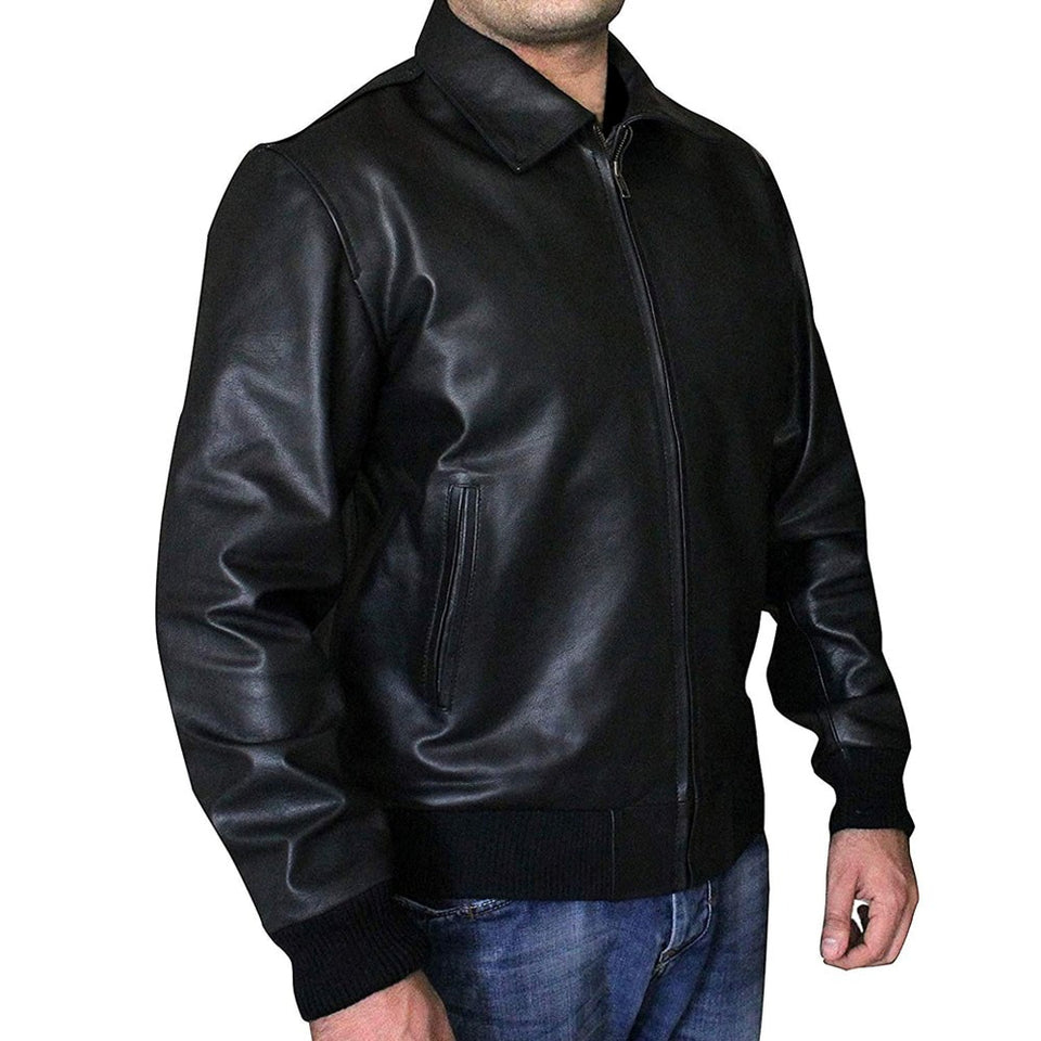 Men's Classic Black Leather Bomber Jacket