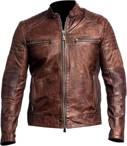Café Racer Waxed Distressed Brown Biker Sheepskin Leather Jacket For Men