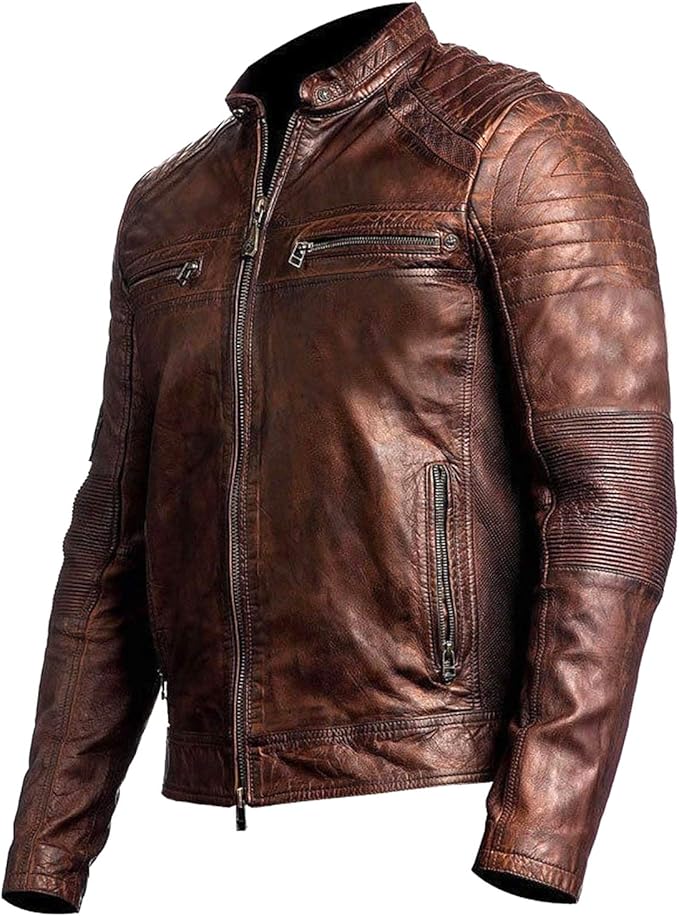 Café Racer Waxed Distressed Brown Biker Sheepskin Leather Jacket For Men