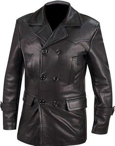 Vintage Black German Classic WW2 Officer Lambskin Leather Coat For Men