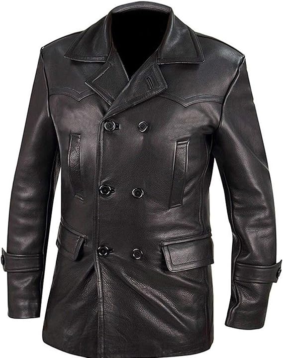 Vintage Black German Classic WW2 Officer Lambskin Leather Coat For Men