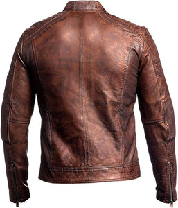 Café Racer Waxed Distressed Brown Biker Sheepskin Leather Jacket For Men