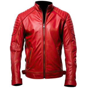 Red Moto-Retro Quilted Premium Sheepskin Leather Jacket for Men