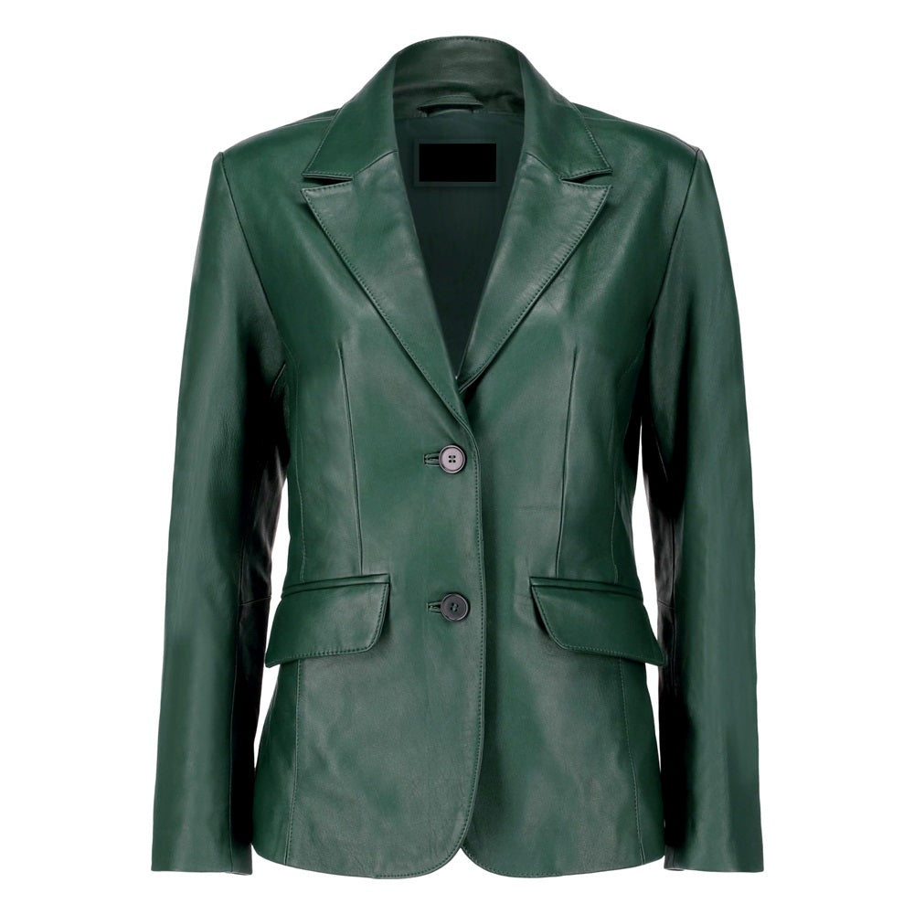 Black Notched-Collar Casual Genuine Sheepskin Leather Blazer for Women