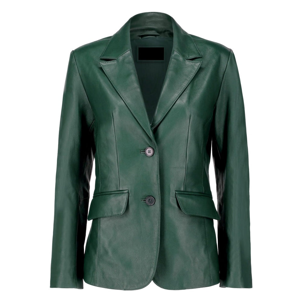 Black Notched-Collar Casual Genuine Sheepskin Leather Blazer for Women