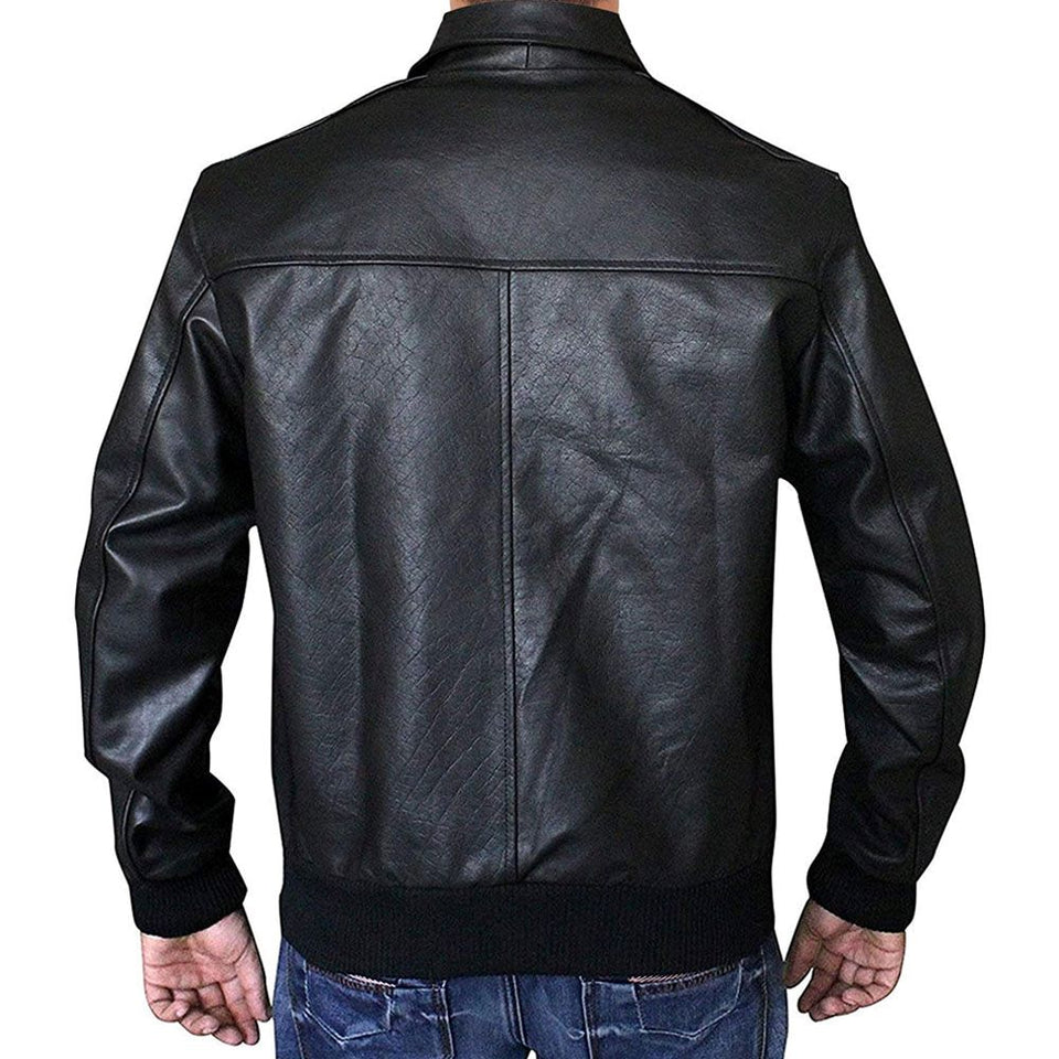 Men's Classic Black Leather Bomber Jacket