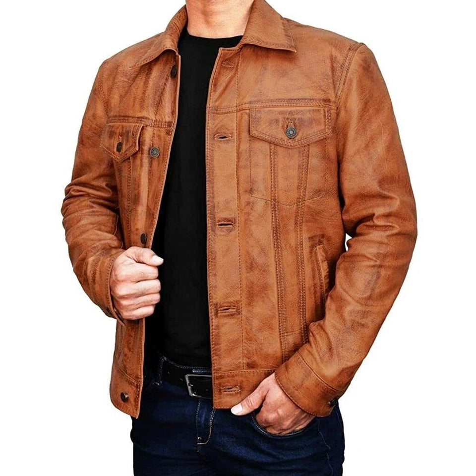Trucker Vintage Style Real Lambskin Leather Jacket for Men