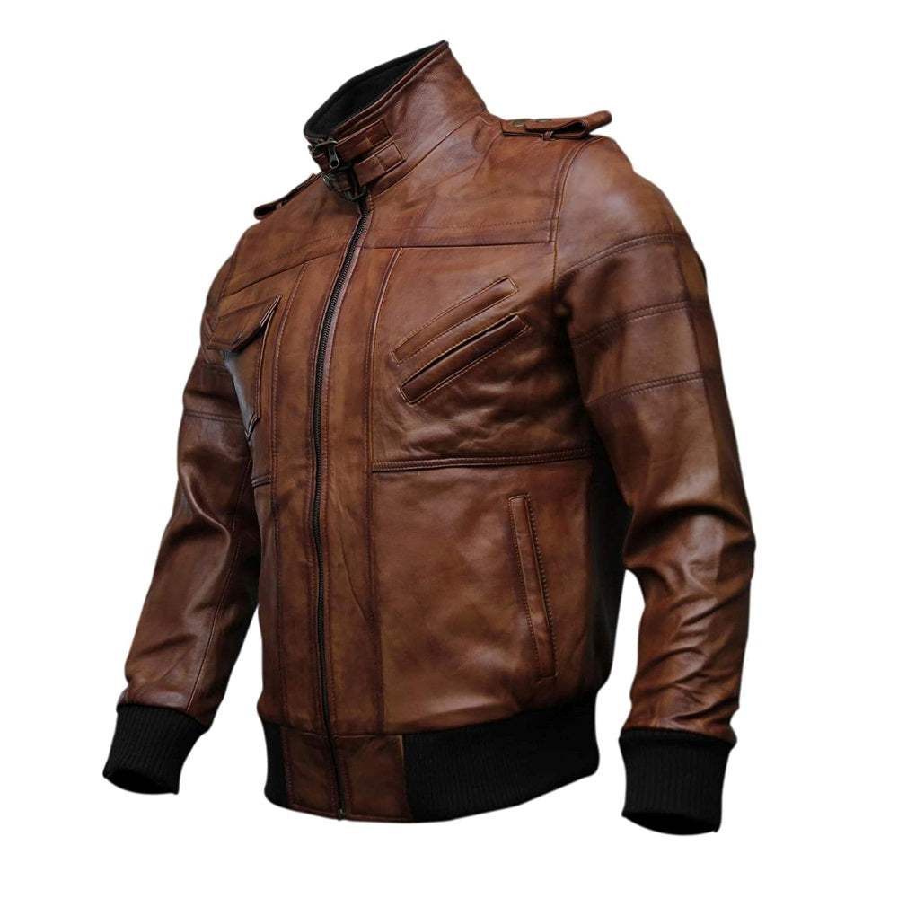 Bomber Removable Hooded Sheepskin Leather Jacket for Men