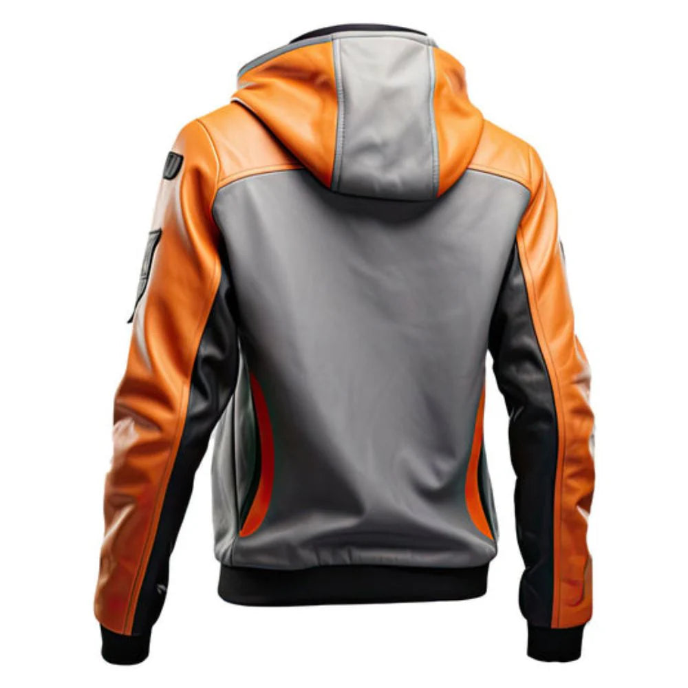 Grey Orange Hooded Genuine Sheepskin Leather Bomber Jacket for Men