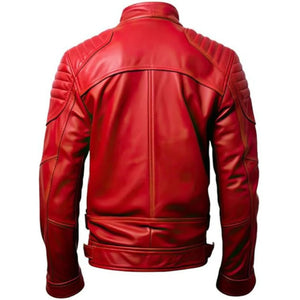 Red Moto-Retro Quilted Premium Sheepskin Leather Jacket for Men