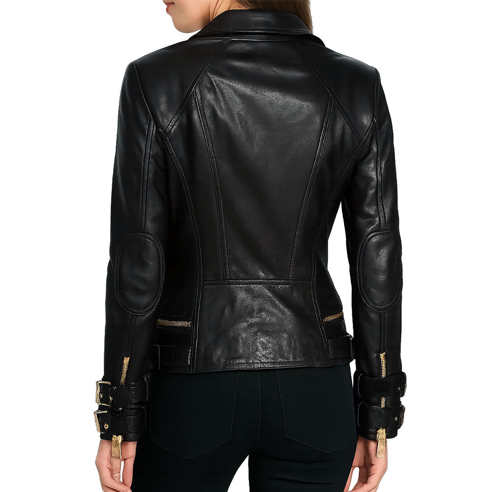 Gold Accents Zipper Closure Premium Sheepskin Leather Motorcycle Jacket for Women