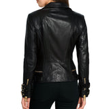 Gold Accents Zipper Closure Premium Sheepskin Leather Motorcycle Jacket for Women