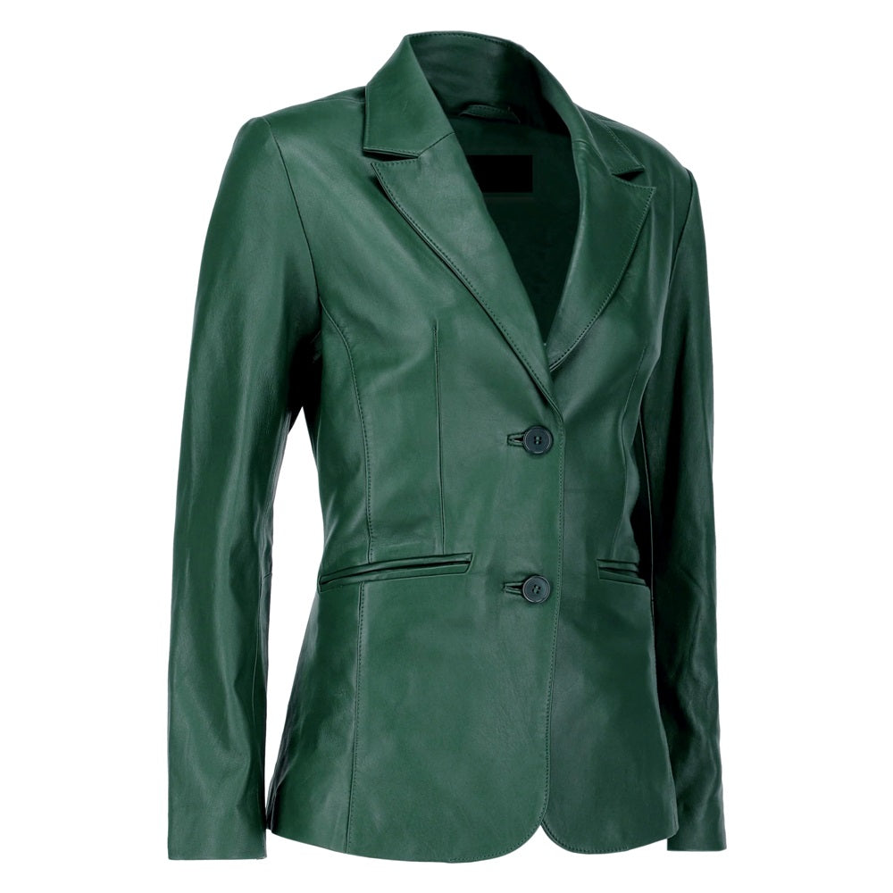 Black Notched-Collar Casual Genuine Sheepskin Leather Blazer for Women