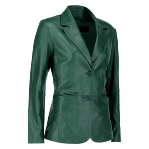 Black Notched-Collar Casual Genuine Sheepskin Leather Blazer for Women