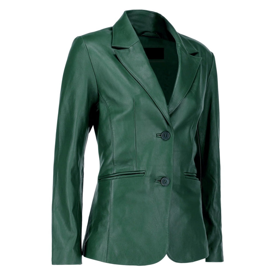 Black Notched-Collar Casual Genuine Sheepskin Leather Blazer for Women