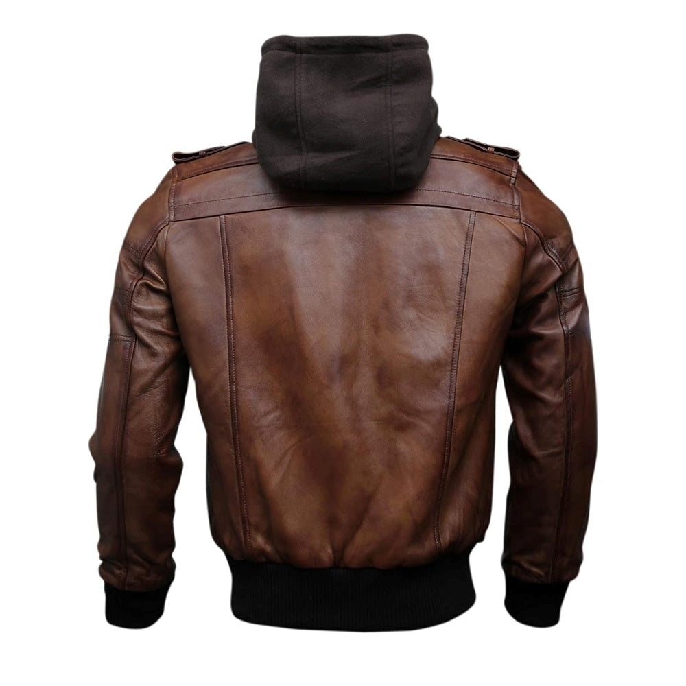 Bomber Removable Hooded Sheepskin Leather Jacket for Men