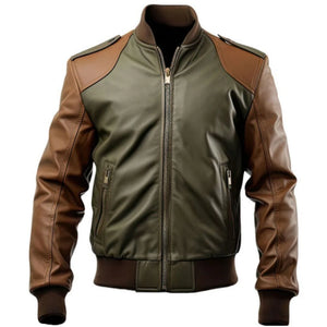 Olive Green Brown Bomber Genuine Sheepskin Leather Jacket for Men